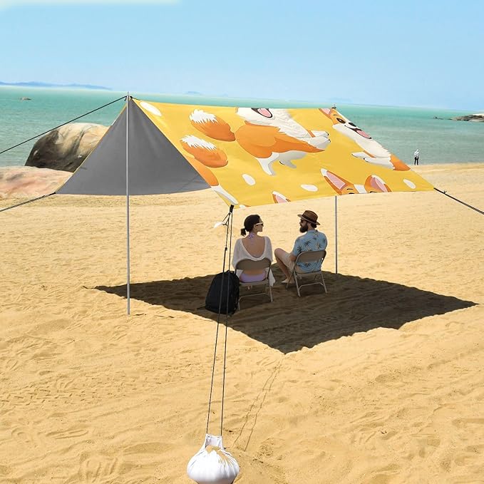 ALAZA Yellow Corgi Dogs Pattern Beach Tent Sun Shelter Portable Canopy Sunshade for Outdoor Camping Picnics Backyard Fun 10x9 ft