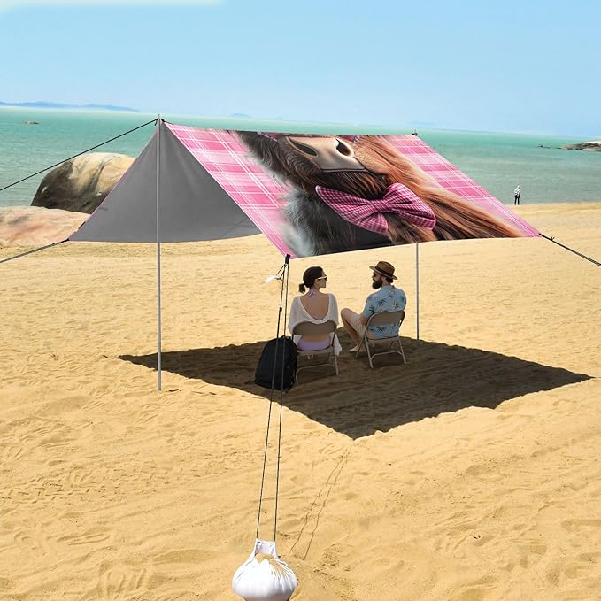 ALAZA Pink Bows Highland Cow Beach Tent Sun Shelter Portable Canopy Sunshade for Outdoor Camping Picnics Backyard Fun 10x9 ft