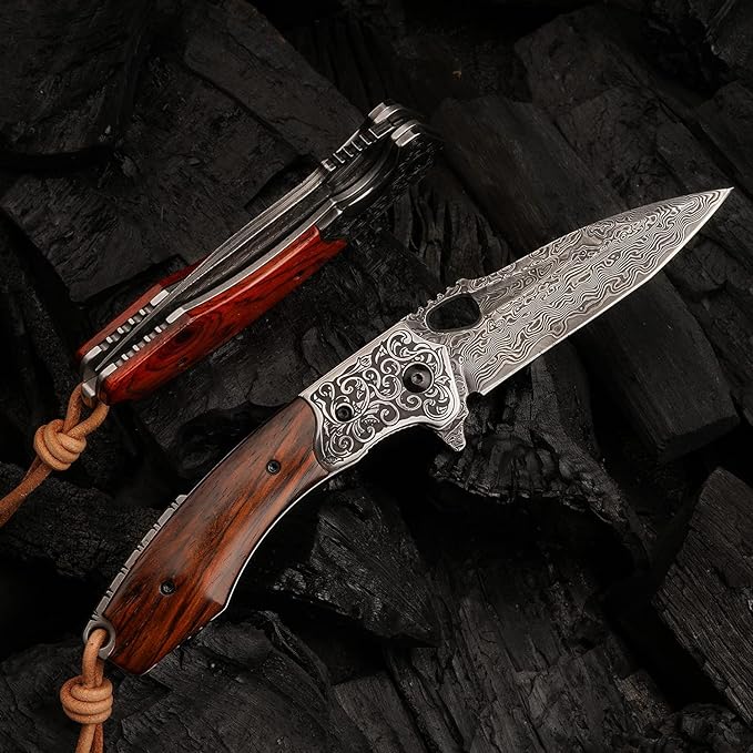 forging handmade vg10 damascus steel folding kniferosewood handle leather sheathedc pocket knives for men outdoors camping fishing