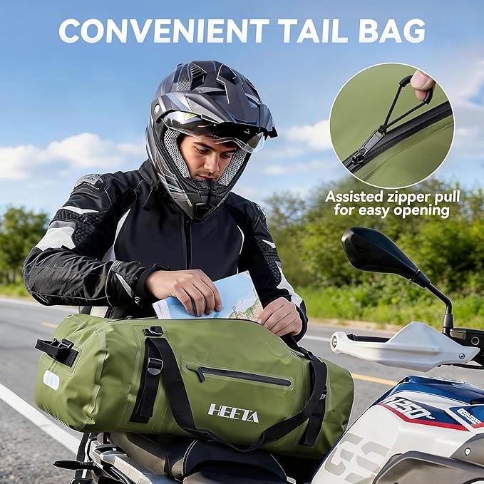HEETA Waterproof Motorcycle Dry Bag Waterproof Duffel Luggage Travel Bags with Zippered Closure &amp Pocket Shoulder Straps Large Space for Motorcycling Camping Commuting Boating (Green 50L)