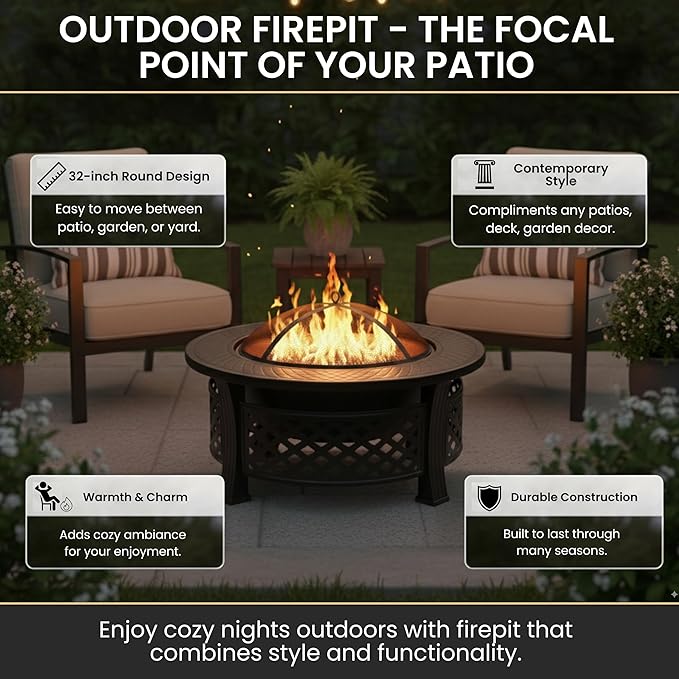 Fire Pit - 32-Inch Outdoor Fireplace with Spark Screen Poker and Cover - Wood-Burning Fire Pit for Yard Patio or Camping by Pure Garden (Bronze)