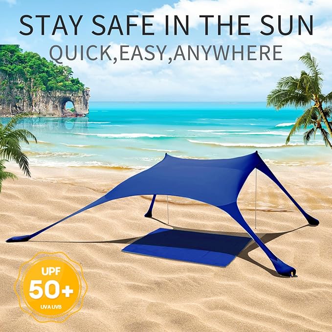 7×7 FT Beach Tent Sun Shelter UPF50+ UV Protection Outdoor Canopy Tent Sun Shade with 2 Poles for Camping Beach Fishing Backyard and Picnics Navy