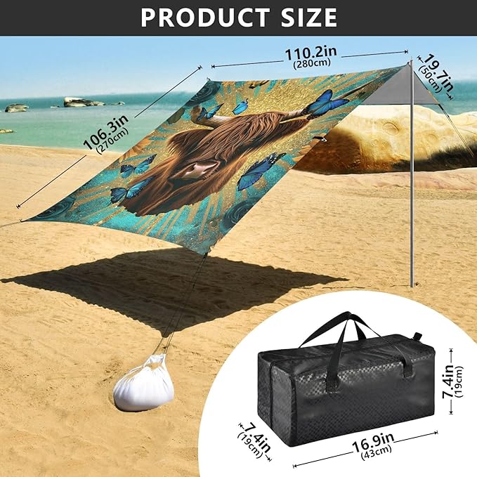 ALAZA Highland Cow Roses Sunflowers Beach Tent Sun Shelter Portable Canopy Sunshade for Outdoor Camping Picnics Backyard Fun 10x9 ft