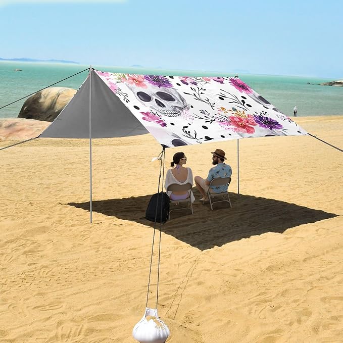 ALAZA White Skull Flowers Pattern Beach Tent Sun Shelter Portable Canopy Sunshade for Outdoor Camping Picnics Backyard Fun 10x9 ft