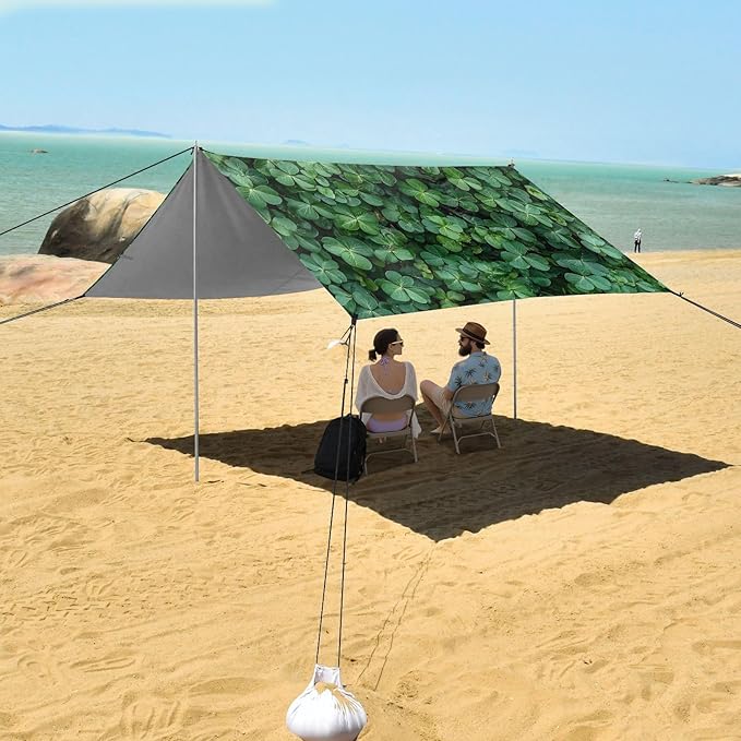 ALAZA Green Shamrock Natural Background Beach Tent Sun Shelter Portable Canopy Sunshade for Outdoor Camping Picnics Backyard Fun 10x9 ft