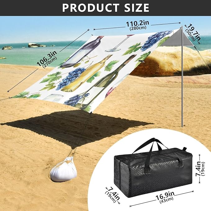 ALAZA Watercolor Bottles Glasses of Red and White Wines Grapes Beach Tent Sun Shelter Portable Canopy Sunshade for Outdoor Camping Picnics Backyard Fun 10x9 ft