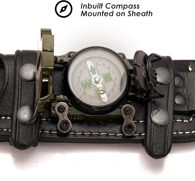 Fixed Blade Knife 10” Hunting Knife With Built-in Military Compass And Leather Sheath - G10 Handle Survival knives for Camping Hiking and Outdoor Use