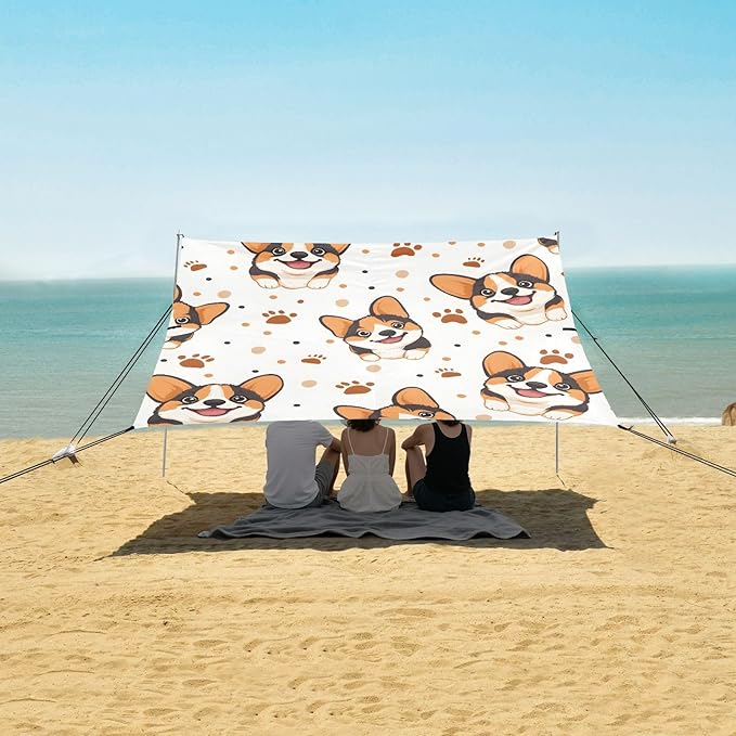 ALAZA Corgi Paw Prints Pattern Beach Tent Sun Shelter Portable Canopy Sunshade for Outdoor Camping Picnics Backyard Fun 10x9 ft