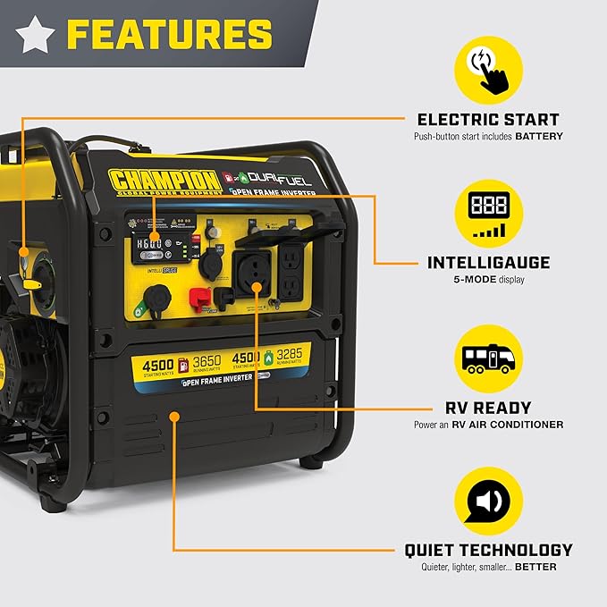 Champion Power Equipment 4500-Watt Electric Start Dual Fuel RV Ready Portable Open Frame Inverter Generator with Quiet Technology and CO Shield®