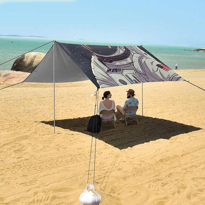 ALAZA Astronaut Portrait Starry Sky Beach Tent Sun Shelter UPF50+ Protection Beach Shade Canopy w/ 4 Sandbags for Outdoor Camping Fishing Backyard Fun Picnic 10x9 ft