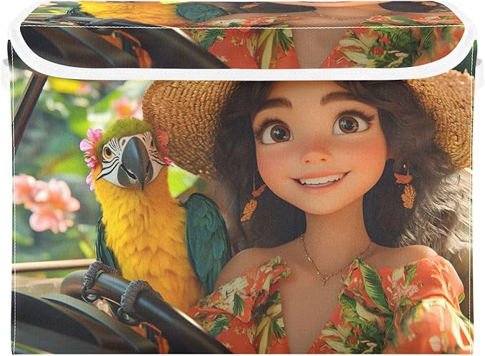 AIXIWAWA Lidded Storage Cube (Tropical Lady Parrot) Fabric Foldable Closet Bins with Flip Lid and Handles Organizer Basket Container 16.5 x 12.6 x 11.8 IN