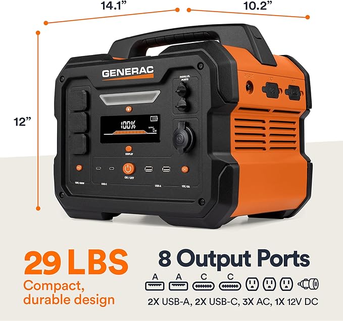 Generac 1086Wh Portable Power Station with Lithium-Ion Battery - Clean Emission-Free Power - Wirless Charging Pad and Compact Design - Camping RV Indoor/Outdoor Use - Orange/Black