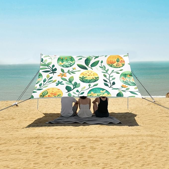 Easter Day Watercolor Eggs Beach Tent Sun Shelter Set UPF50+ UV Protection 10.5 x 9.19 FT Camping Shade Canopy with Sandbags Sand Anchors Carrying Bag and Others