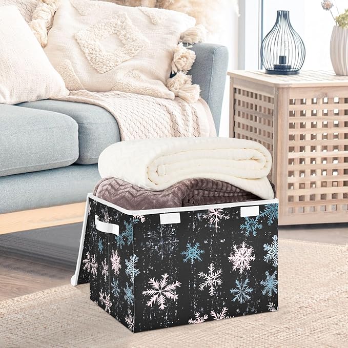 Snowflakes Pattern Storage Cube Bins Basket with Lid Collapsible Flip-top Fabric with Handle for Home Bedroom Closet Office 16.5×12.6×11.8 in