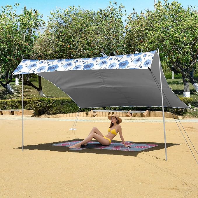 ALAZA Blue Anemone Flower Beach Tent Sun Shelter UPF50+ Protection Beach Shade Canopy w/ 4 Sandbags for Outdoor Camping Fishing Backyard Fun Picnic 10x9 ft
