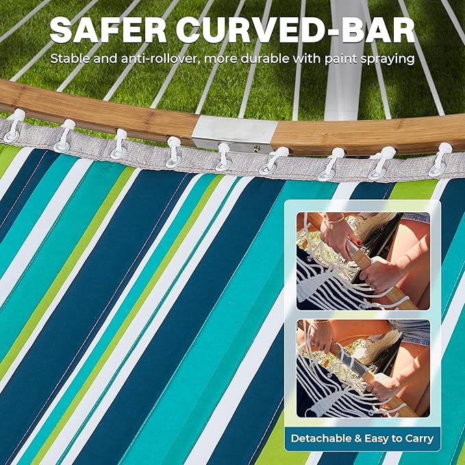 SUPERJARE Curved-Bar Hammock with Stand 2 Person Heavy Duty Hammock Frame Detachable Pillow &amp Portable Carrying Bag Perfect for Outdoor &amp Indoor Blue-Green Stripe