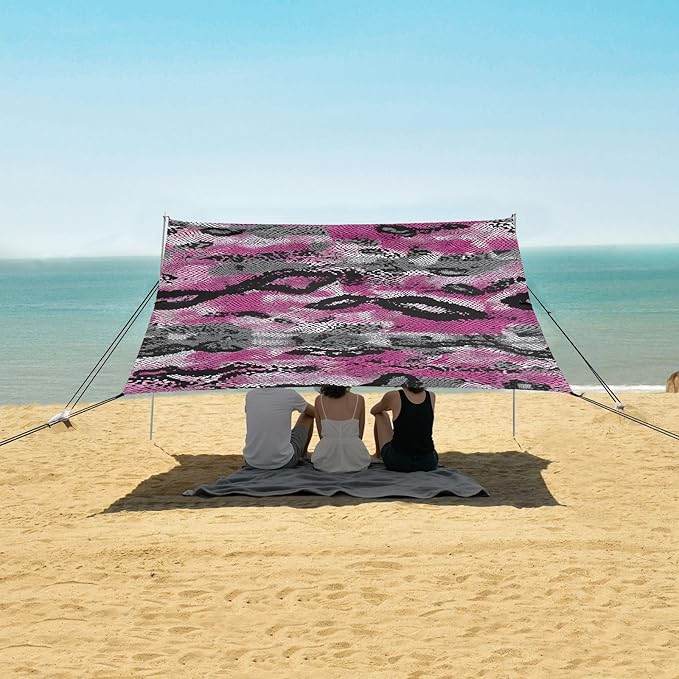 ALAZA Pink &amp Black Snake Print Beach Tent Sun Shelter UPF50+ Protection Beach Shade Canopy w/ 4 Sandbags for Outdoor Camping Fishing Backyard Fun Picnic 10x9 ft