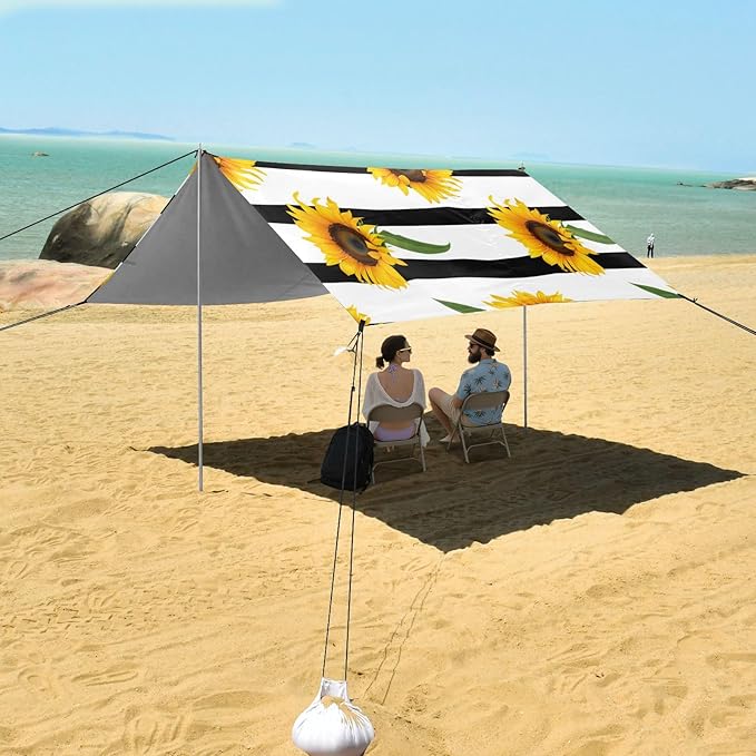 Beach Canopy with Windproof Ropes &amp Sandbags Beach Tent Sun Shade Sun Shelter for Camping Trips Fishing Backyard Fun or Picnics Sunflower