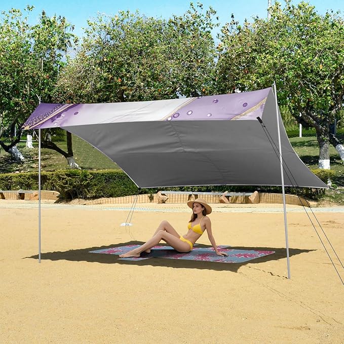 Beach Canopy with Windproof Ropes &amp Sandbags Beach Tent Sun Shade Sun Shelter for Camping Trips Fishing Backyard Fun or Picnics Purple Texture