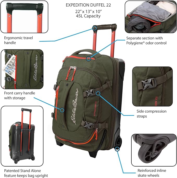 Eddie Bauer Expedition Rolling Duffel Bag with Wheels | Travel | Carry-On | Luggage | Rugged | Durable - Rust 22