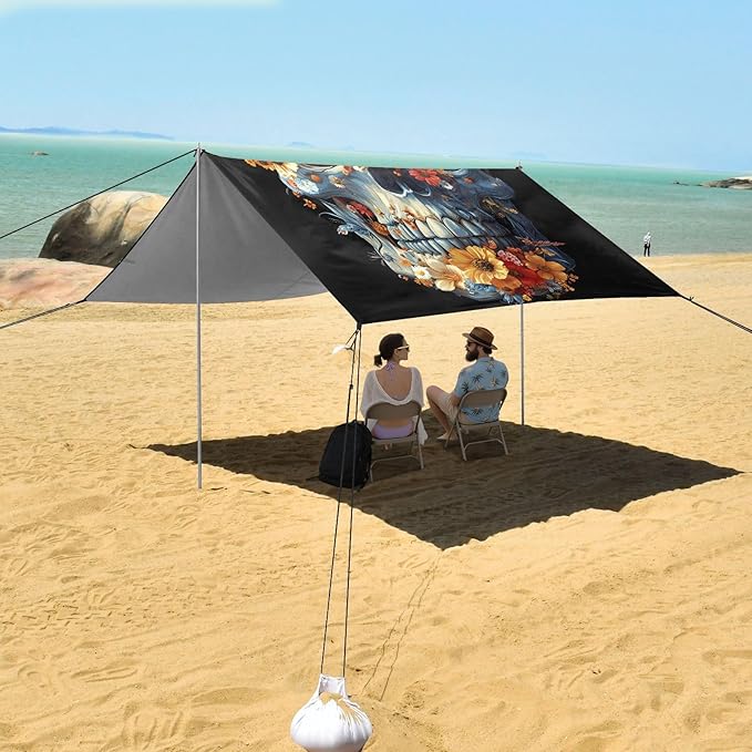 ALAZA Skull Flower Beach Tent Sun Shelter Portable Canopy Sunshade for Outdoor Camping Picnics Backyard Fun 10x9 ft