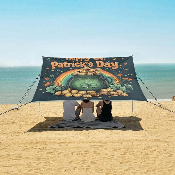 St Patrick's Day Coin Pot Beach Tent Sun Shelter Set UPF50+ UV Protection 10.5 x 9.19 FT Camping Shade Canopy with Sandbags Sand Anchors Carrying Bag and Others