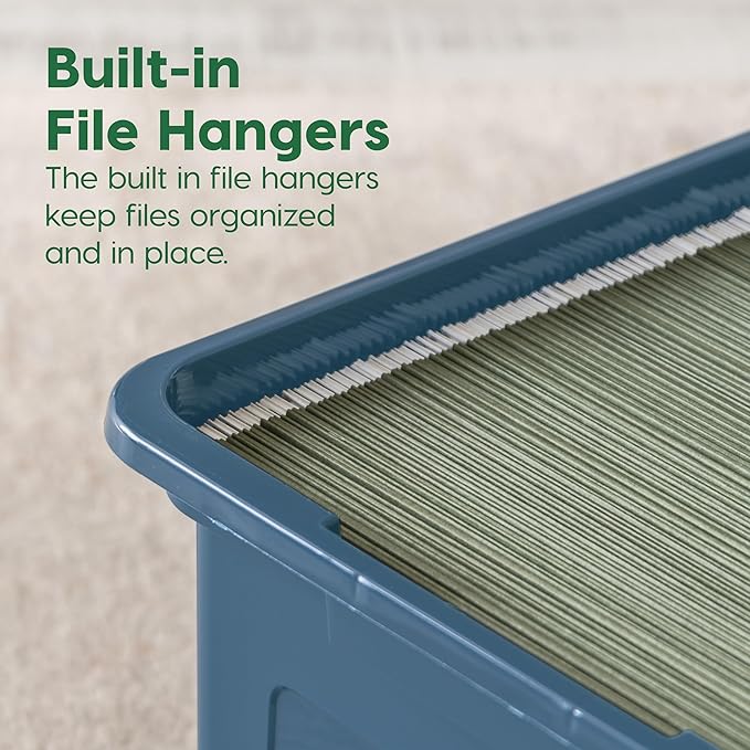 IRIS USA File Box Plastic File Organizer for Letter/Legal File Document Box Durable Storage Bin Tote with Secure Latching Lid Stackable BPA-Free Eco Friendly Sustainable Navy/Gray 35 Qt. 4 Pack