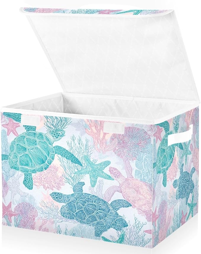 Collapsible Storage Bins with Lids Decorative Fabric Storage Cubes Closet Organizer and Storage Basket Boxes Containers for Clothes Box Chest Folding Rectangle Simple Turtles Starfish