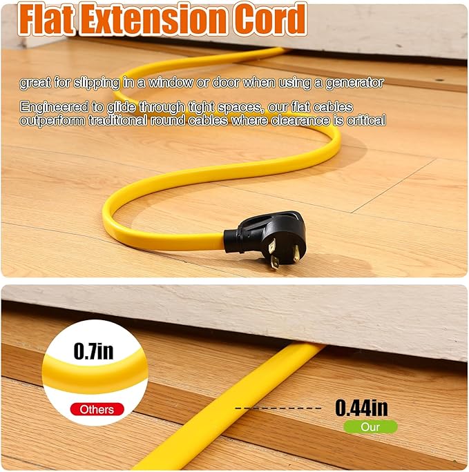 Tellegloww 15 FT Flat RV Generator Adapter Cord NEMA TT-30p to 3X 5-20R/5-15R 30A to 110V 15/20 A Household Outlet Adapter 10 Gauge Flat RV Generator Extension Cord Etl Listed Yellow