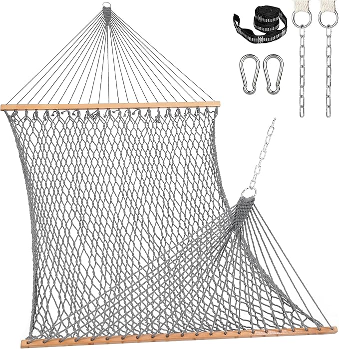 Lazy Daze Hammocks 12FT Double Rope Hammocks 2 Person Hand Woven Cotton Hammock with Spreader Bar Carabiner Tree Strap Chain for Outside FIT 13-15 FT Stand Max 450 Lbs Light Grey