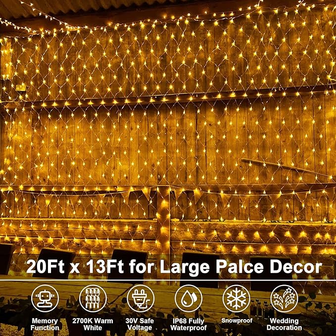 echosari 20Ft x 13Ft Net Lights Outdoor Mesh Lights Plug in with Remote 720 LED Christmas Net Light IP68 Fully Waterproof for Party Garden Backyard Wall Bush Decor (Warm White)