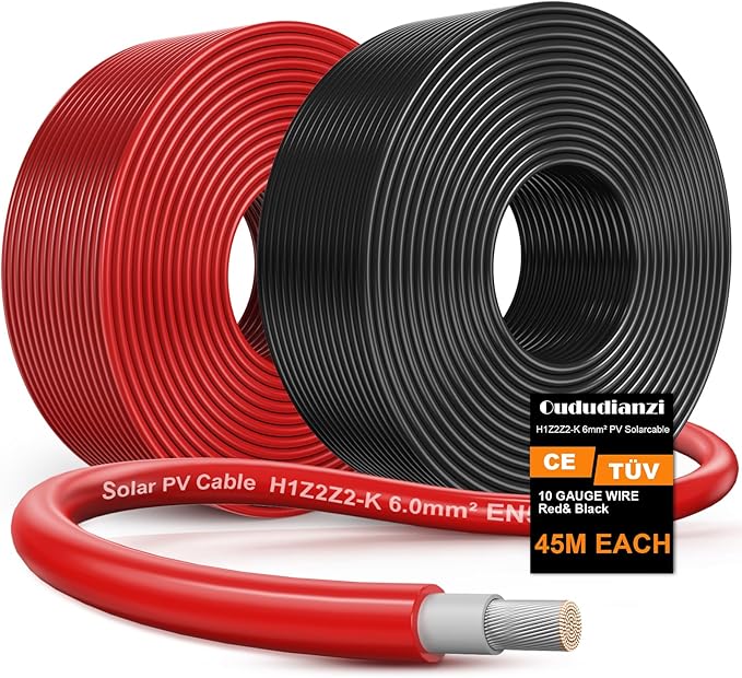 Oududianzi 2x150 Feet Solar Panel Wire 10AWG Solar Wire Tinned Copper 10 Gauge PV Cable for Outdoor Automotive RV Boat Marine (150FT Red + 150FT Black)