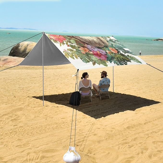 ALAZA Sloth Branch Tropical Plants Beach Tent Sun Shelter Portable Canopy Sunshade for Outdoor Camping Picnics Backyard Fun 10x9 ft