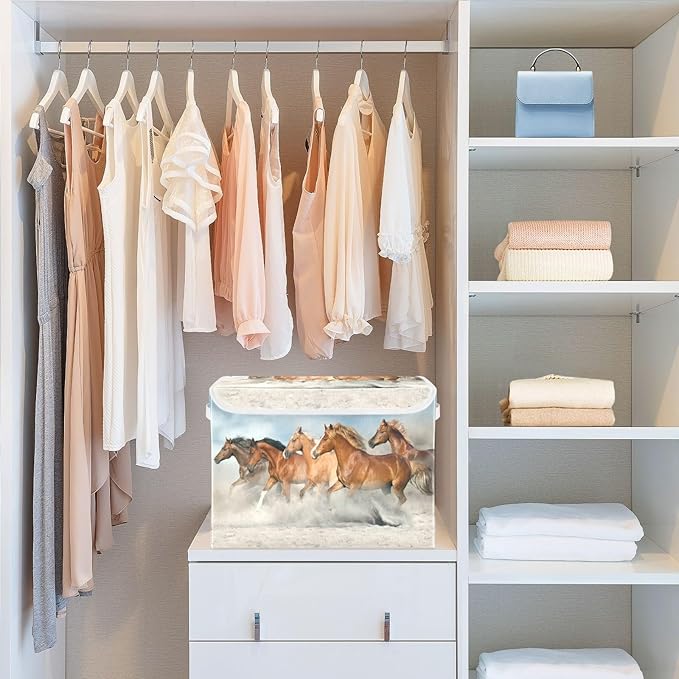 Running Horses Storage Bins with Lids Large Collapsible Storage Basket with Handles Cute Horse Foldable Fabric Storage Box Organizer for Clothes Closet Cabinet Home Office Bedroom