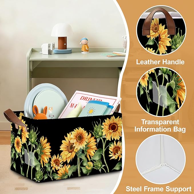 Storage Bin with Handles Sunflowers Collapsible Laundry Baskets for Books Laundry - Use in Nursery Closet Organizers and Storage Blanket Basket