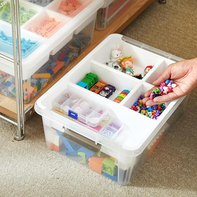 MACOPRO 17 QT Plastic Storage Box with Removable Tray Bins with Lids Clear Storage Container for Craft Supplies Beads Tools Sewing and Playdoh Organization (White 1Pack-17QT)