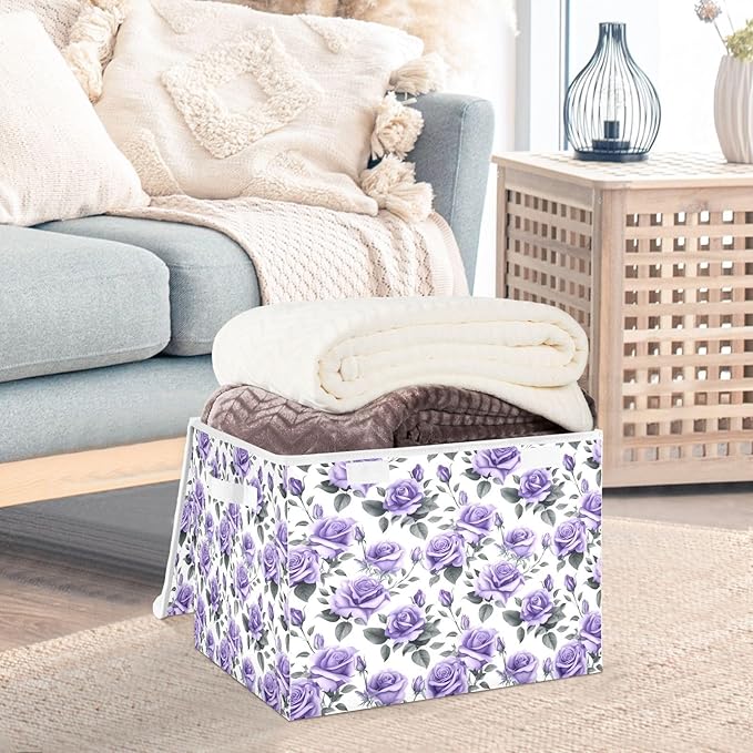 senya Flower Baskets Collapsible Storage Bins with Lids Romantic Purple Roses Storage Boxes Clothes Baskets for Organizing B06D22020