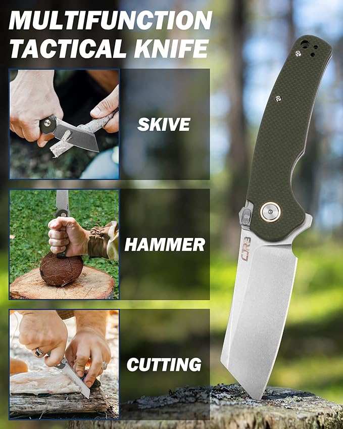 CJRB Crag Tactical Knife Cleaver Pocket Folding Knife with Stonewash AR-RPM9 Steel Blade and G10 Handle for Men Outdoor Survival Camping and EDC (J1904R)Green