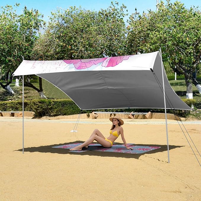 ALAZA Carnation Flower Ink Beach Tent Sun Shelter UPF50+ Protection Beach Shade Canopy w/ 4 Sandbags for Outdoor Camping Fishing Backyard Fun Picnic 10x9 ft