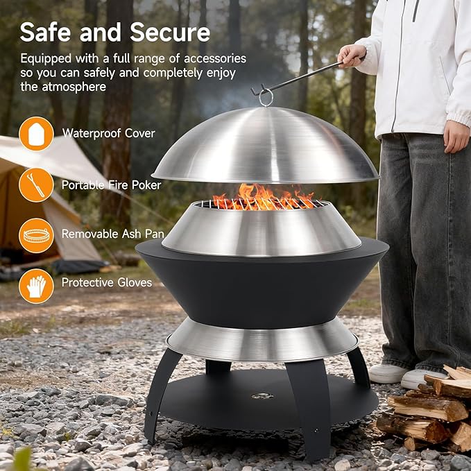 ONBRILL 26 Inch Smokeless Firepit Outdoor Fire Pit with Waterproof Lid Removable Ash Pan Handbag 2 in 1 Stainless Steel Potable Fire Pits for Outside Wood Burning Bonfire Camping Picnic Black