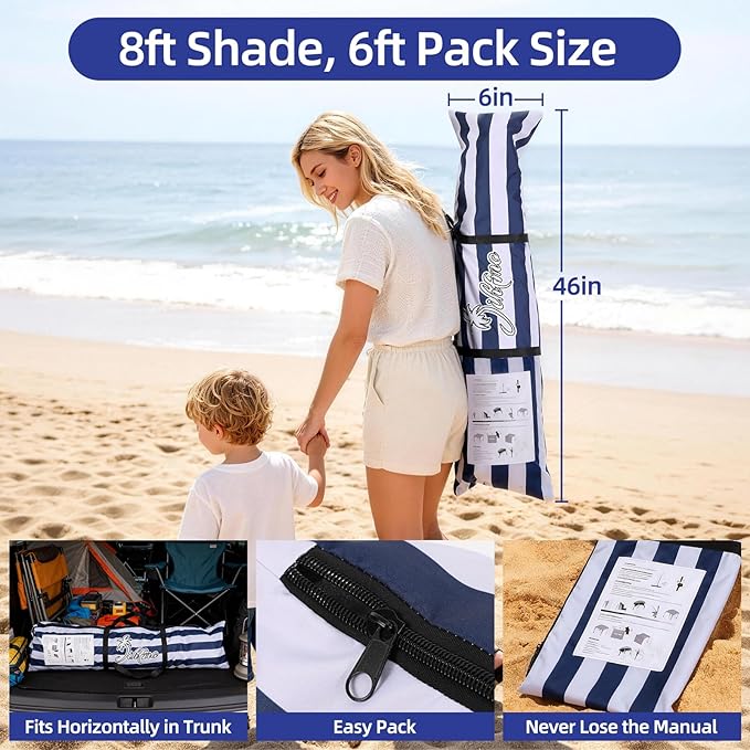 Jihfmo 8x8 Ft Large Beach Cabana Tent UPF 100+ Windproof Sun Shelter for Family - 64 Sq Ft Big Shade Canopy with Sand Anchors &amp Cooling Silver Glue Coating Easy Setup Portable Sunshade - Blue St