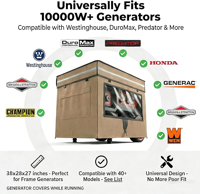 Generator Covers While Running 38L x 28W x 27H Heavy Duty Generator Cover for Outside Compatible with 10000+W Generator All Season Protection for Generator Khaki
