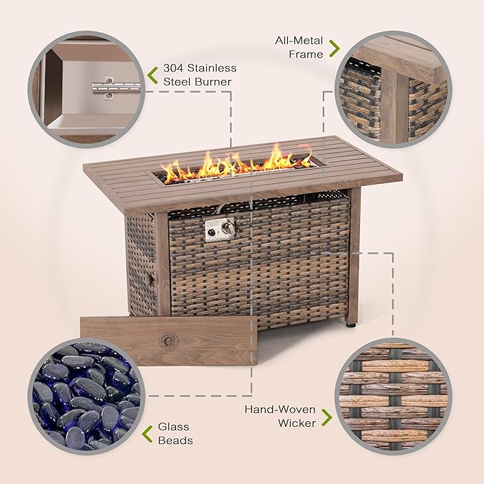 Nuu Garden 43” Propane Fire Pit CSA-Listed Rattan Outdoor Fire Pit Table 50000 BTU Smokeless Gas Fire Table with Lid and Glass Beads 2-in-1 Rectangular Fire Table for Outside Backyard Patio Brown