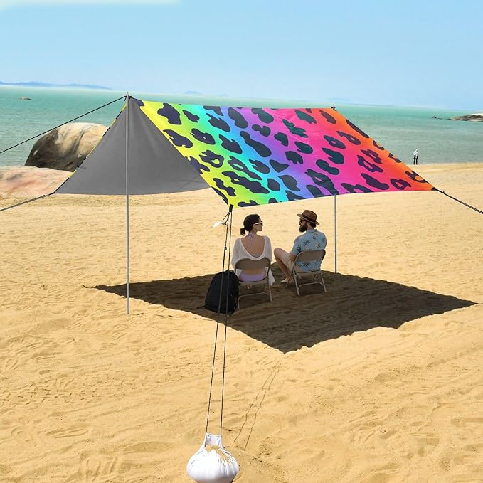 ALAZA Leopard Skin Spots Rainbow Color Beach Tent Sun Shelter Portable Canopy Sunshade for Outdoor Camping Picnics Backyard Fun 10x9 ft
