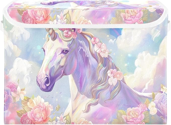 MNSRUU Containers Baskets with Lids Unicorn Flowers Clouds Rainbow Fabric Foldable Storage Bins Organizer with Lid Collapsible Storage Boxes for Home Bedroom Closet Office