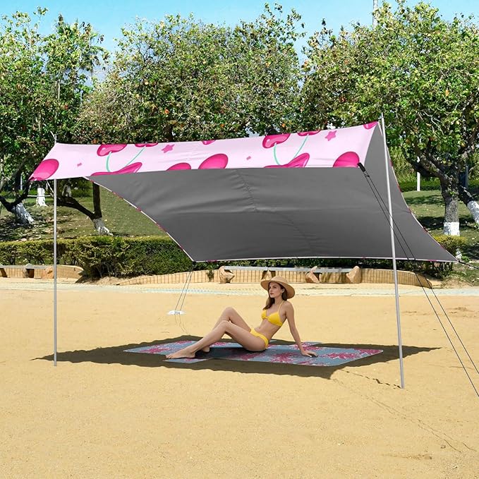xigua Cherries Beach Tent Sun Shelter with Carrying Bag - Silver Coated Oxford Fabric Beach Canopy for Beach Camping Fishing - Includes Windproof Ropes Sandbags &amp Stakes