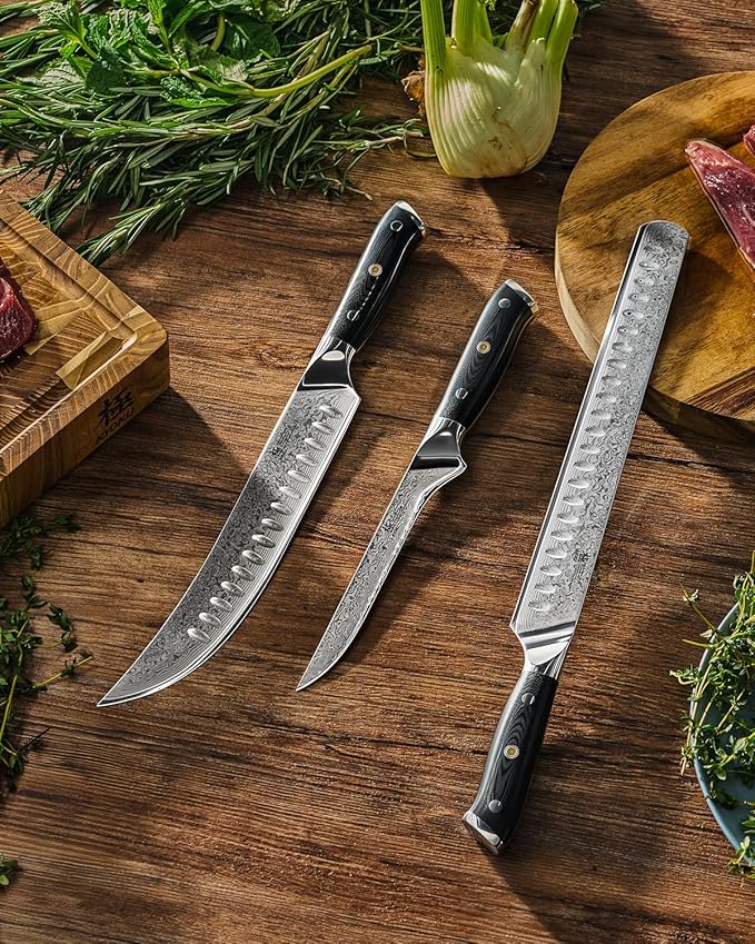 KYOKU Knife Set Shogun Gin Series 3pc Japanese Style Kitchen Knife Set for Cooking 7 Boning 12 Slicing 10 Scimitar Knife with Silver Ion Blade Sheath Gift Box Damascus Stainless Steel Knives