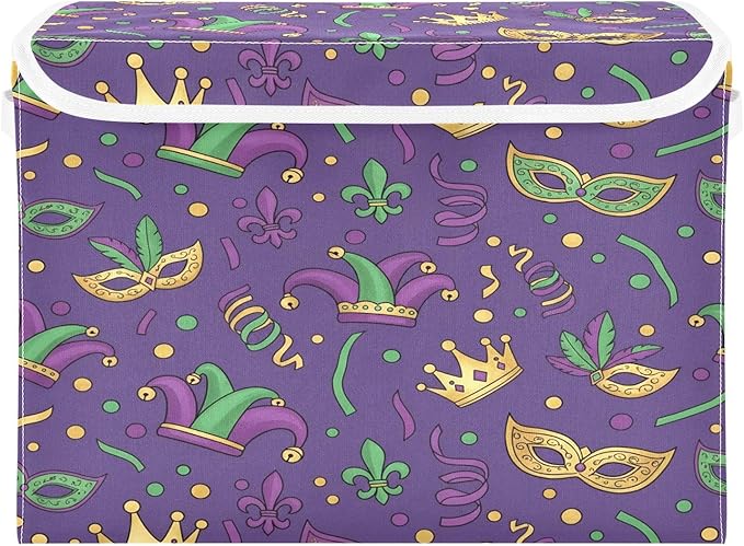 Collapsible Storage Bins with Lids Mardi Gras Carnival (2) Foldable Fabric Organizer Baskets for Closet Home &amp Seasonal Decor 16.5x12.6x11.8 Inches