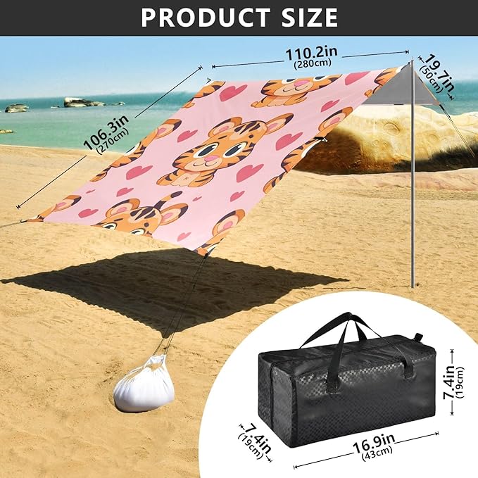 ALAZA Cute Tiger Heart Seamless Beach Tent Sun Shelter Portable Canopy Sunshade for Outdoor Camping Picnics Backyard Fun 10x9 ft