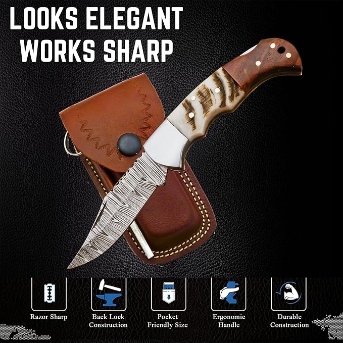 Damascus Pocket Knife for Men - 6.8 Sheep Antler Knife Handle- Pocket Knives &amp Folding Knives Back Lock Mechanism - Folding Pocket knife for Camping &amp Hiking - Christmas Gift for husband boy